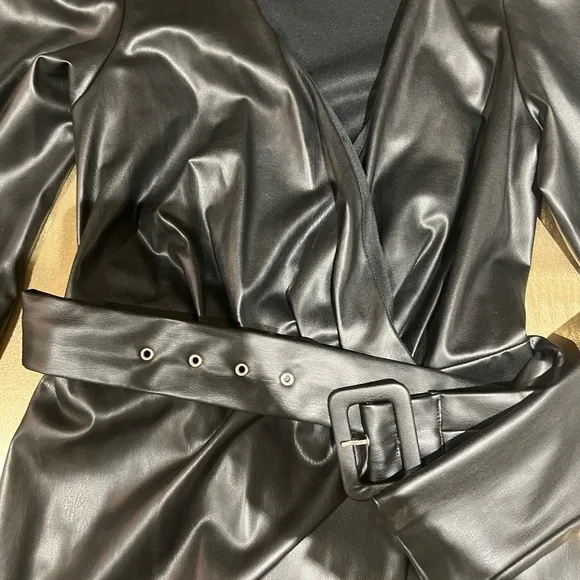 Black Leather V-neck Mini Dress - Picture 5 of 5